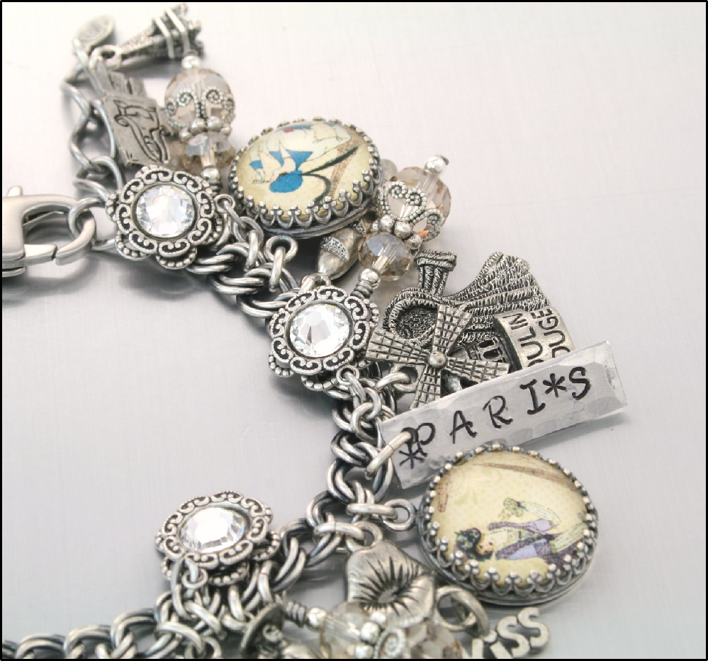 French Vintage Charm Bracelet, Silver Charm Jewelry, Oh La La Paris on