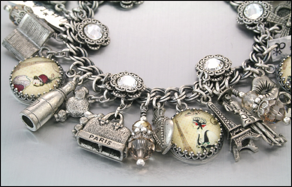 French Vintage Charm Bracelet, Silver Charm Jewelry, Oh La La Paris on